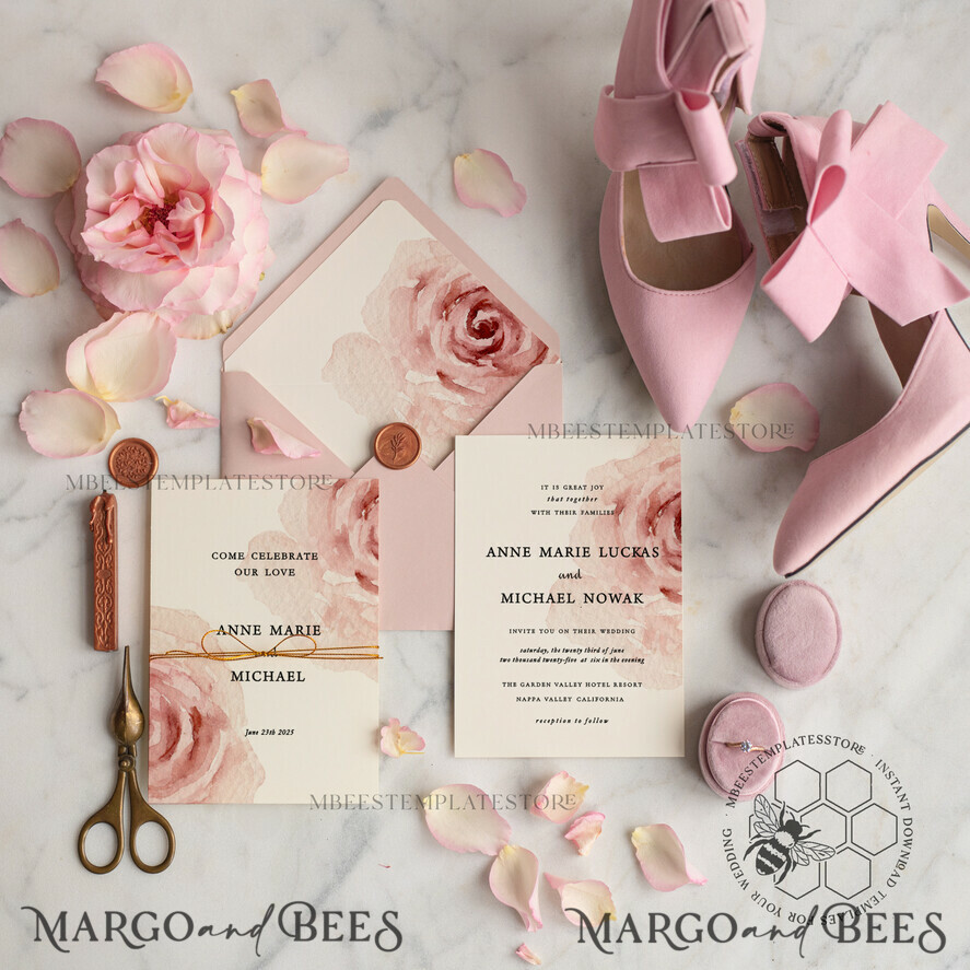 TEMPLETT wedding invitation download Elegant Blush wedding Invitation Template, Instant Download Printable Invites Home Printing, Pink Boho Wedding Invitation Card Set Template