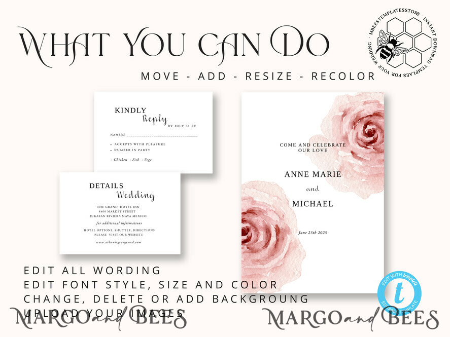 TEMPLETT wedding invitation download Elegant Blush wedding Invitation Template, Instant Download Printable Invites Home Printing, Pink Boho Wedding Invitation Card Set Template