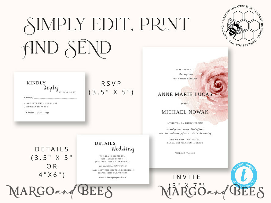TEMPLETT wedding invitation download Elegant Blush wedding Invitation Template, Instant Download Printable Invites Home Printing, Pink Boho Wedding Invitation Card Set Template