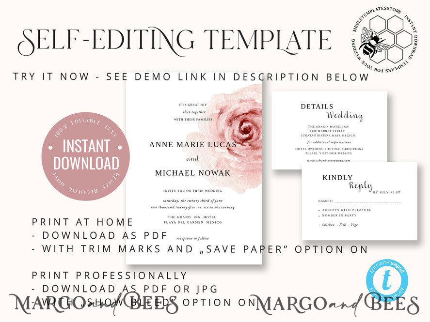TEMPLETT wedding invitation download Elegant Blush wedding Invitation Template, Instant Download Printable Invites Home Printing, Pink Boho Wedding Invitation Card Set Template