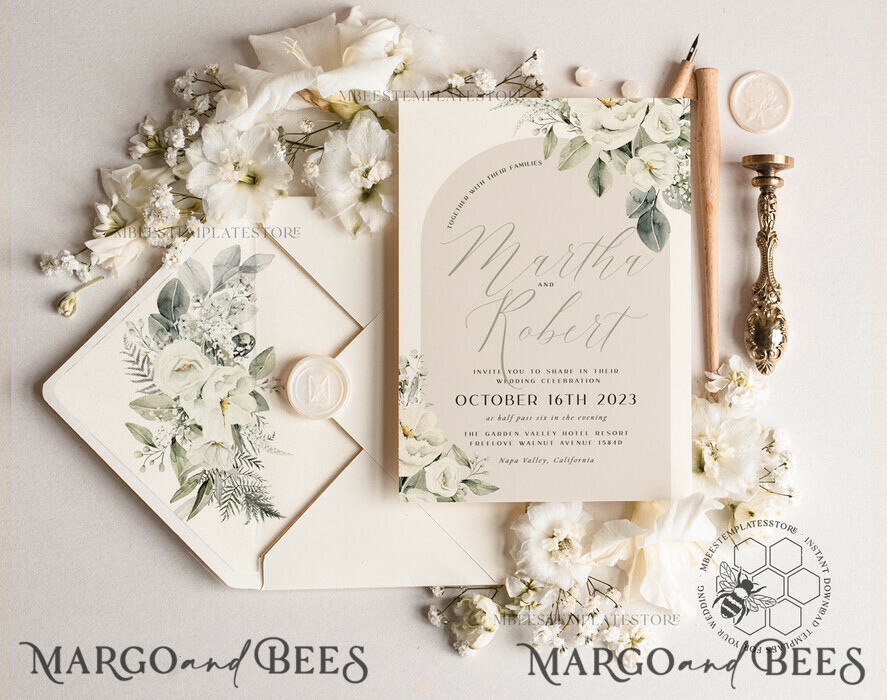 TEMPLETT wedding invitation download Boho Arch wedding Invitations Evite Set Template, Instant Download Printable Invites Home Printing, Beige Garden Invitation Set WBoho14