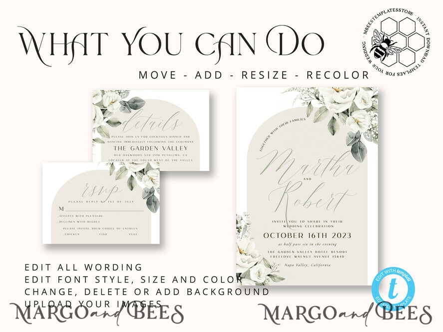 TEMPLETT wedding invitation download Boho Arch wedding Invitations Evite Set Template, Instant Download Printable Invites Home Printing, Beige Garden Invitation Set WBoho14