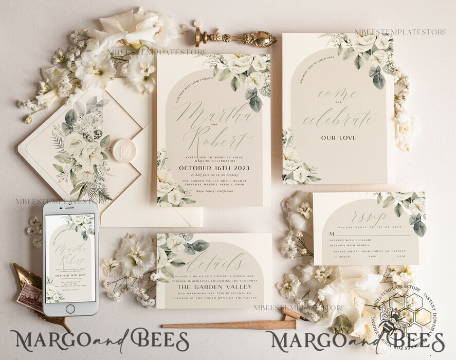 TEMPLETT wedding invitation download Boho Arch wedding Invitations Evite Set Template, Instant Download Printable Invites Home Printing, Beige Garden Invitation Set WBoho14