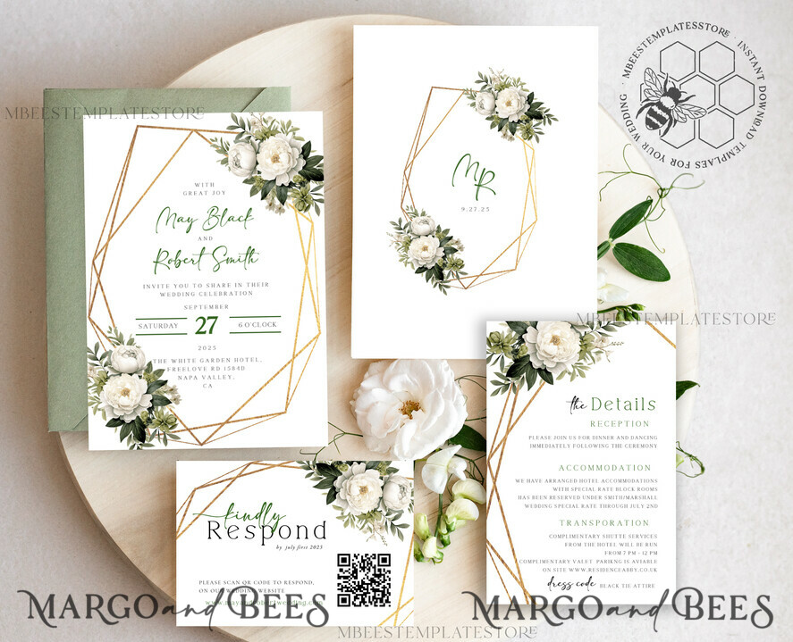 TEMPLETT wedding invitation download Sage Green geometric gold wedding Invitations Set Template, Instant Download Printable Invites Home Printing, Simple Wedding Cards