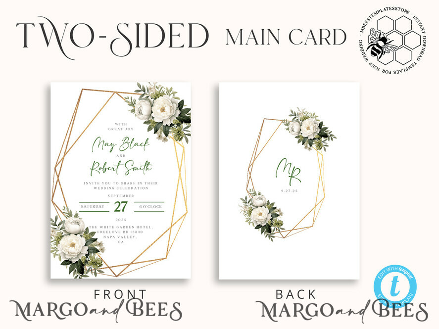TEMPLETT wedding invitation download Sage Green geometric gold wedding Invitations Set Template, Instant Download Printable Invites Home Printing, Simple Wedding Cards