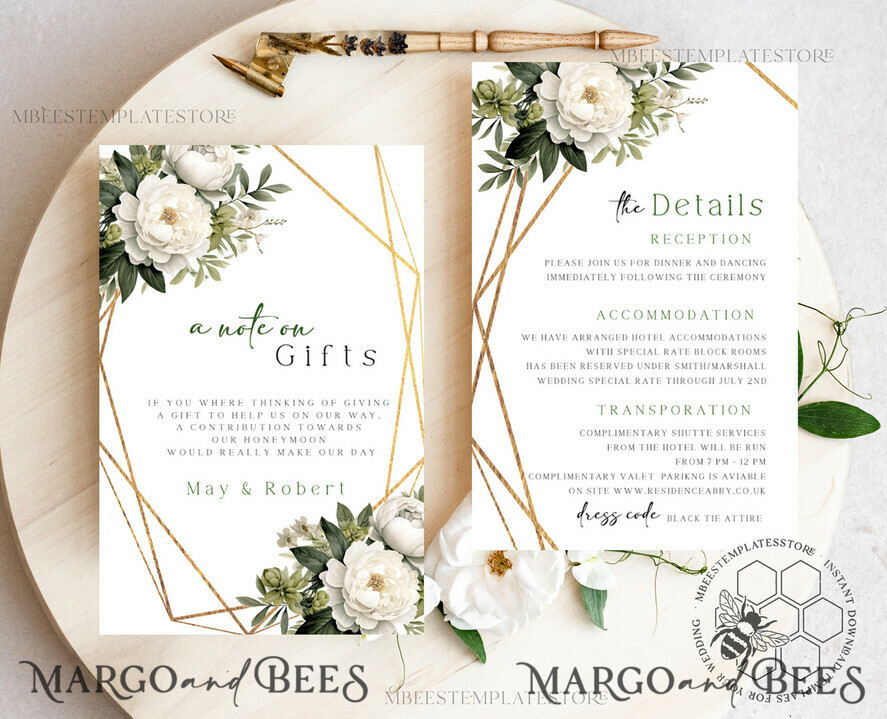 TEMPLETT wedding invitation download Sage Green geometric gold wedding Invitations Set Template, Instant Download Printable Invites Home Printing, Simple Wedding Cards