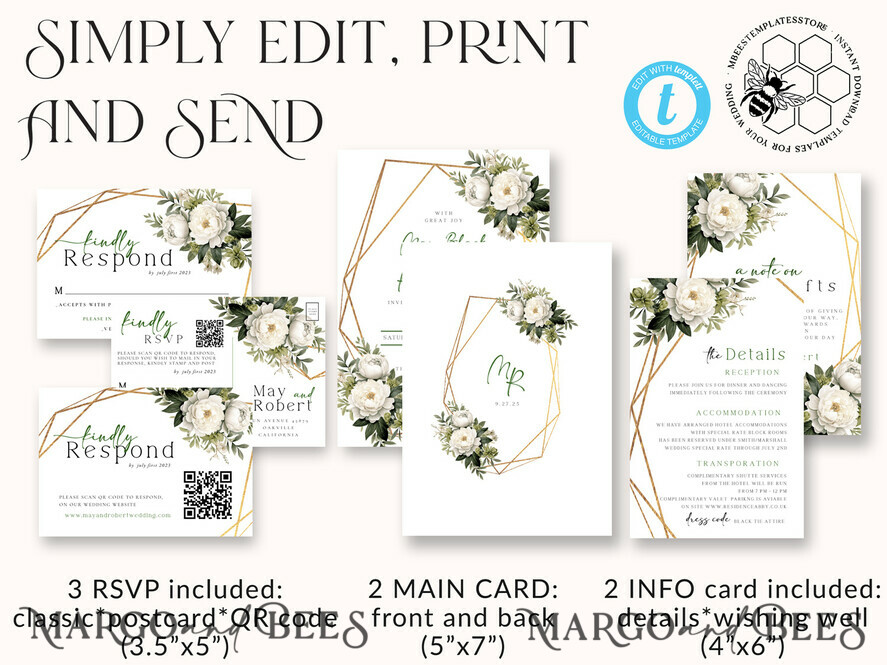 TEMPLETT wedding invitation download Sage Green geometric gold wedding Invitations Set Template, Instant Download Printable Invites Home Printing, Simple Wedding Cards