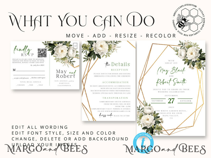 TEMPLETT wedding invitation download Sage Green geometric gold wedding Invitations Set Template, Instant Download Printable Invites Home Printing, Simple Wedding Cards