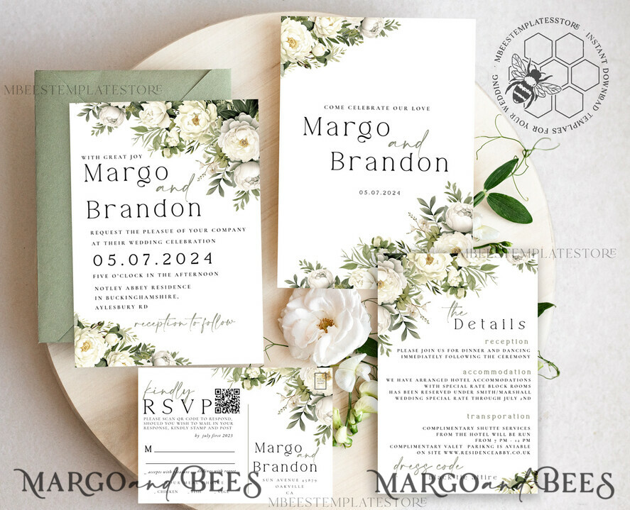 TEMPLETT wedding invitation download Greenery Vintage Flowers wedding Invitations Set Template, Instant Download Printable Invites Home Printing, Simple sage green Cards