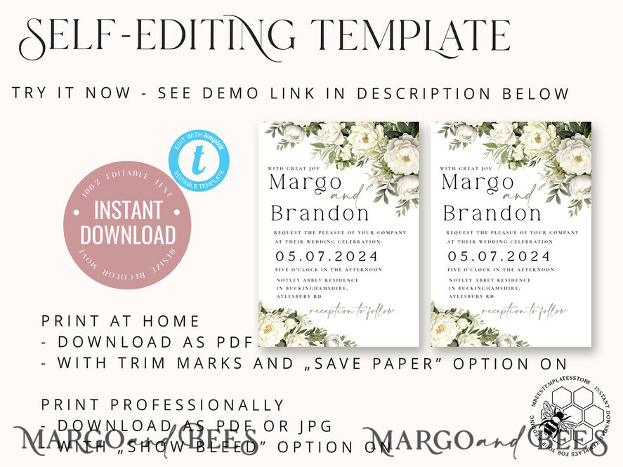 TEMPLETT wedding invitation download Greenery Vintage Flowers wedding Invitations Set Template, Instant Download Printable Invites Home Printing, Simple sage green Cards