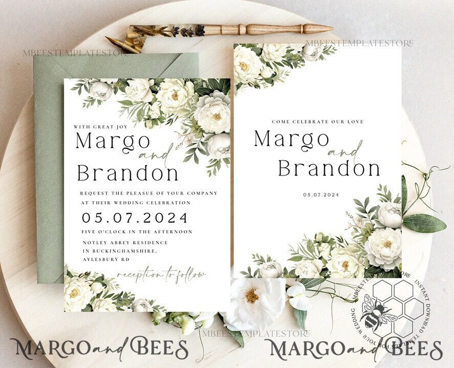 TEMPLETT wedding invitation download Greenery Vintage Flowers wedding Invitations Set Template, Instant Download Printable Invites Home Printing, Simple sage green Cards