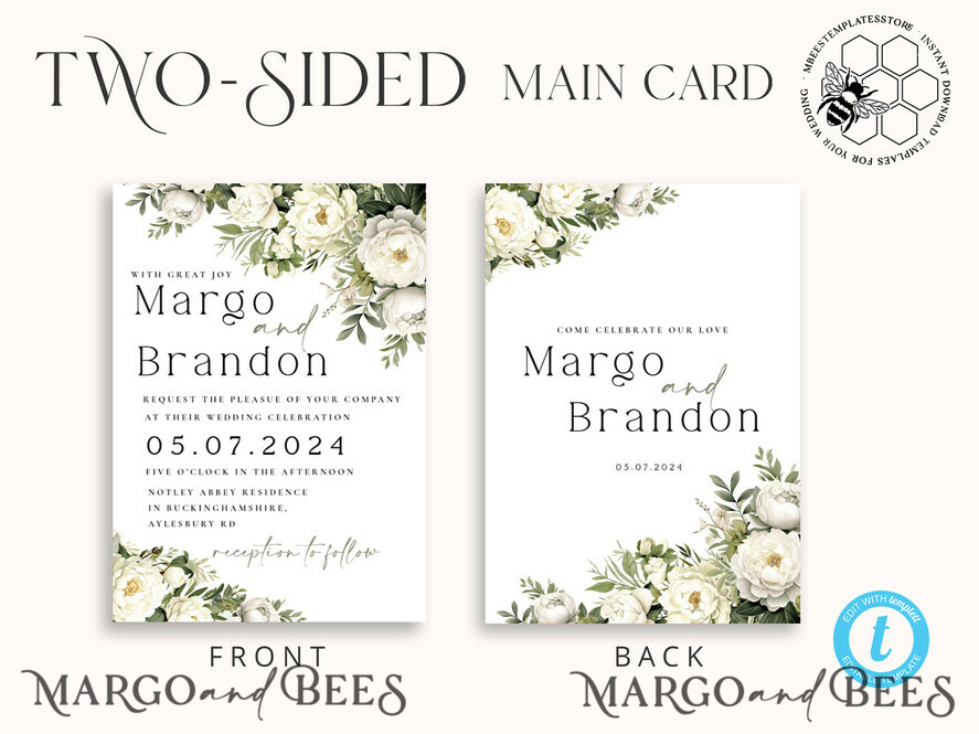 TEMPLETT wedding invitation download Greenery Vintage Flowers wedding Invitations Set Template, Instant Download Printable Invites Home Printing, Simple sage green Cards