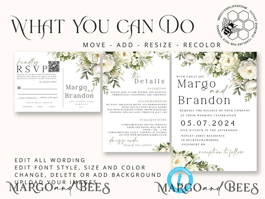 TEMPLETT wedding invitation download Greenery Vintage Flowers wedding Invitations Set Template, Instant Download Printable Invites Home Printing, Simple sage green Cards