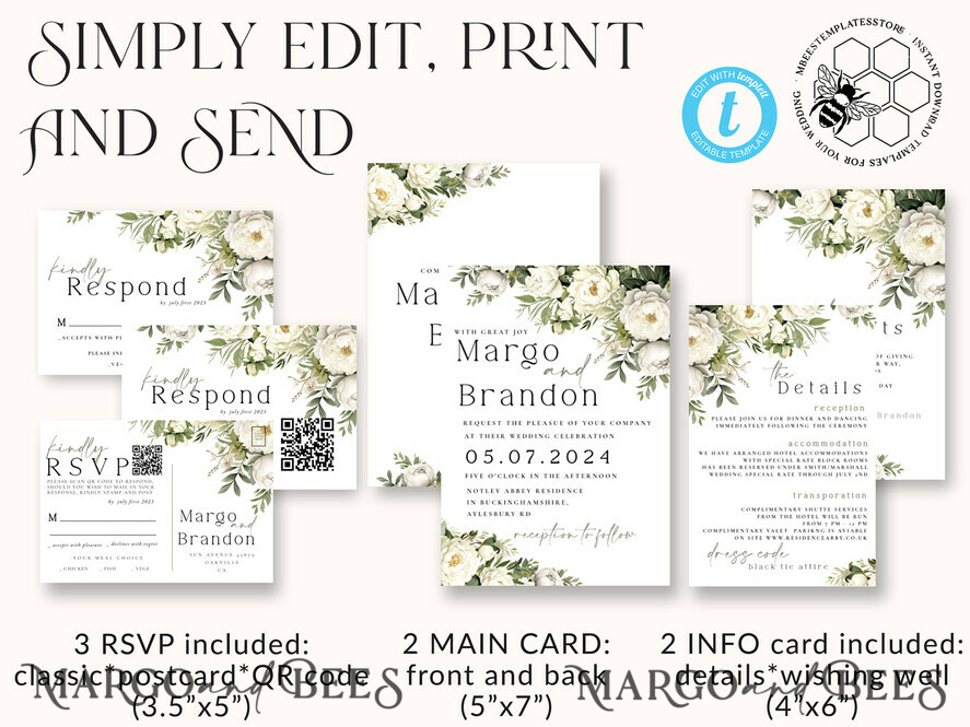TEMPLETT wedding invitation download Greenery Vintage Flowers wedding Invitations Set Template, Instant Download Printable Invites Home Printing, Simple sage green Cards