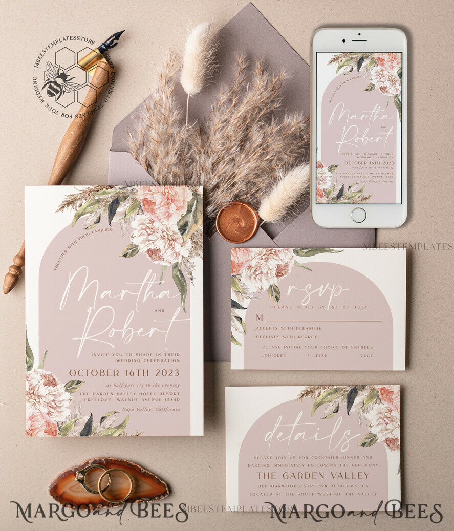 TEMPLETT wedding invitation download Rustic Ivory wedding Invitations Set and Electronic Wedding Invitation Template, Instant Download Printable Invites Home Printing, Simple Boho Wedding Invitation Card Set
