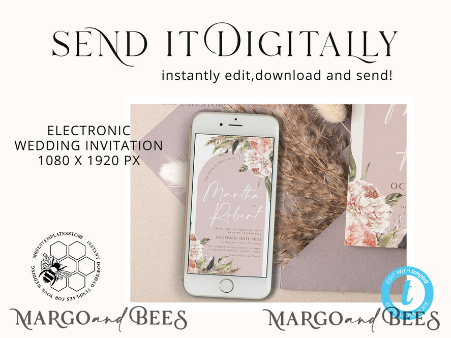 TEMPLETT wedding invitation download Rustic Ivory wedding Invitations Set and Electronic Wedding Invitation Template, Instant Download Printable Invites Home Printing, Simple Boho Wedding Invitation Card Set