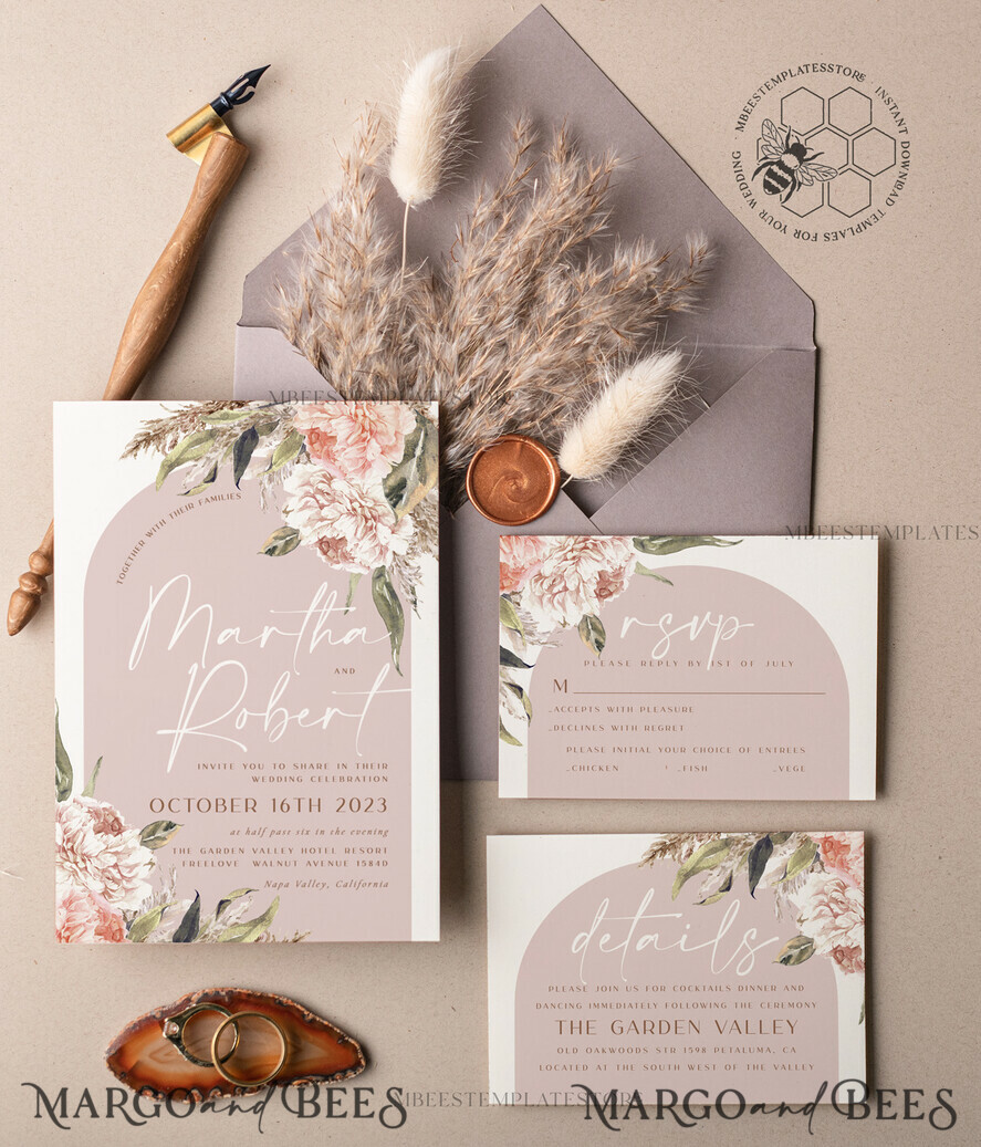 TEMPLETT wedding invitation download Rustic Ivory wedding Invitations Set and Electronic Wedding Invitation Template, Instant Download Printable Invites Home Printing, Simple Boho Wedding Invitation Card Set