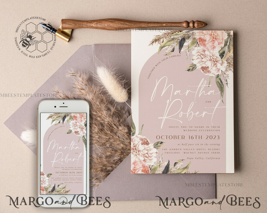 TEMPLETT wedding invitation download Rustic Ivory wedding Invitations Set and Electronic Wedding Invitation Template, Instant Download Printable Invites Home Printing, Simple Boho Wedding Invitation Card Set