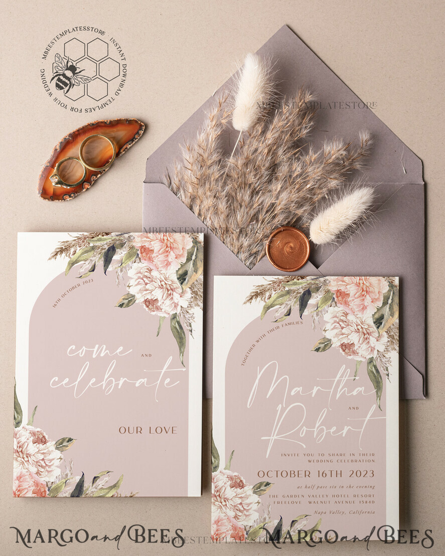 TEMPLETT wedding invitation download Rustic Ivory wedding Invitations Set and Electronic Wedding Invitation Template, Instant Download Printable Invites Home Printing, Simple Boho Wedding Invitation Card Set
