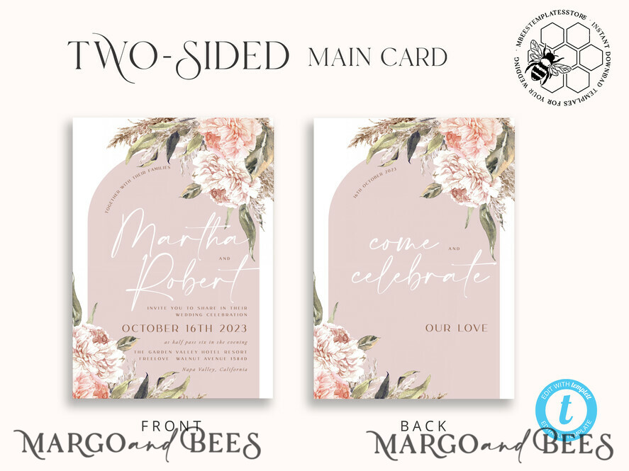 TEMPLETT wedding invitation download Rustic Ivory wedding Invitations Set and Electronic Wedding Invitation Template, Instant Download Printable Invites Home Printing, Simple Boho Wedding Invitation Card Set