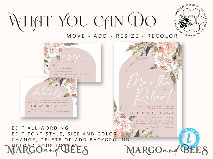 TEMPLETT wedding invitation download Rustic Ivory wedding Invitations Set and Electronic Wedding Invitation Template, Instant Download Printable Invites Home Printing, Simple Boho Wedding Invitation Card Set
