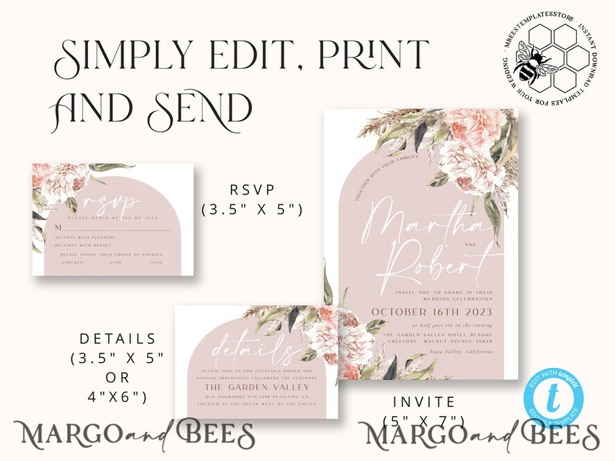 TEMPLETT wedding invitation download Rustic Ivory wedding Invitations Set and Electronic Wedding Invitation Template, Instant Download Printable Invites Home Printing, Simple Boho Wedding Invitation Card Set