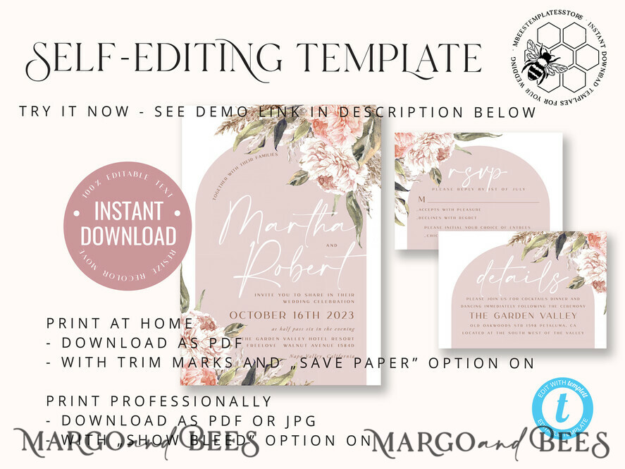 TEMPLETT wedding invitation download Rustic Ivory wedding Invitations Set and Electronic Wedding Invitation Template, Instant Download Printable Invites Home Printing, Simple Boho Wedding Invitation Card Set