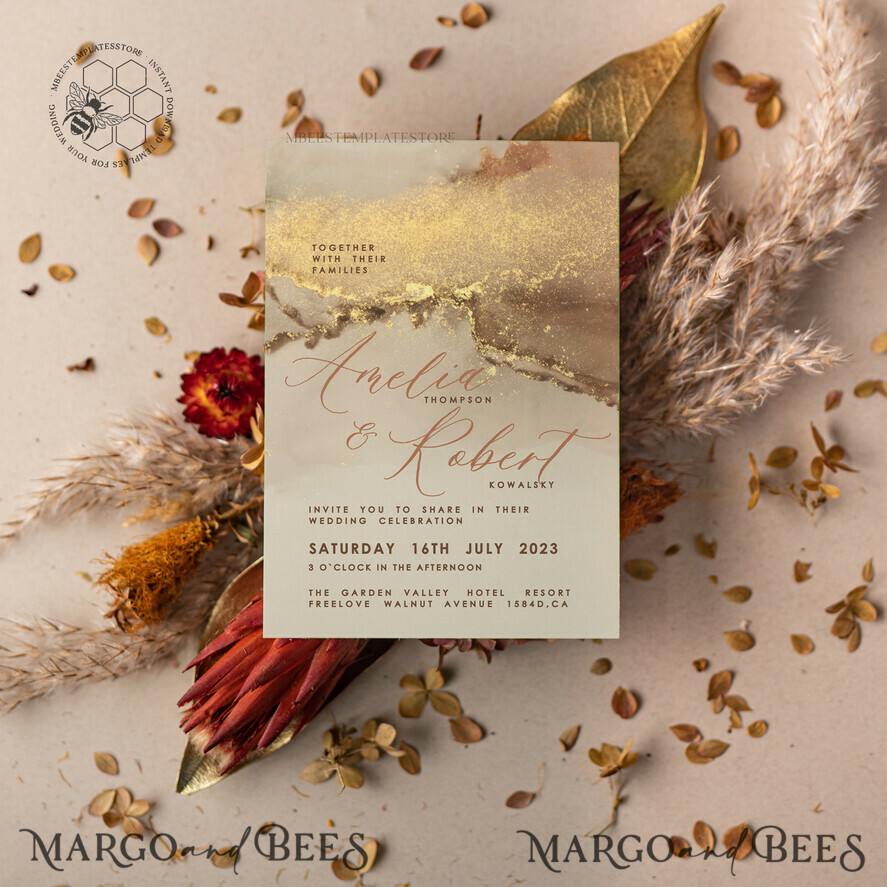 TEMPLETT wedding invitation download Modern Glam wedding Invitation Template, Instant Download Printable Invites Home Printing, Gold Boho Wedding Invitation Card Set terracotta