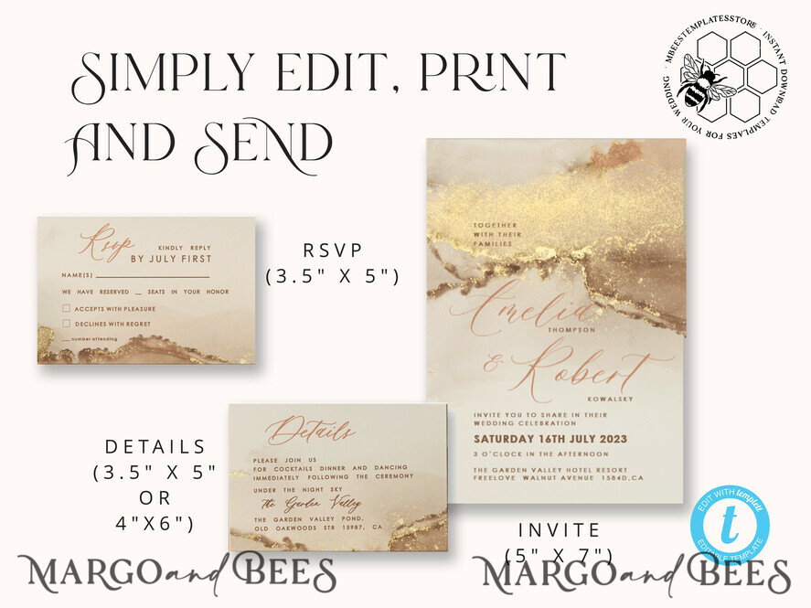 TEMPLETT wedding invitation download Modern Glam wedding Invitation Template, Instant Download Printable Invites Home Printing, Gold Boho Wedding Invitation Card Set terracotta