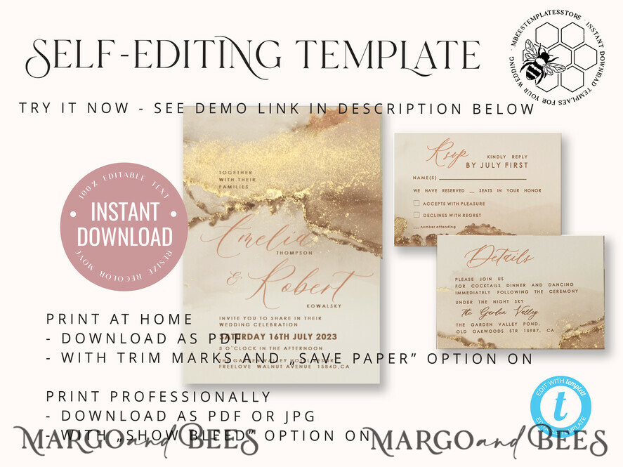 TEMPLETT wedding invitation download Modern Glam wedding Invitation Template, Instant Download Printable Invites Home Printing, Gold Boho Wedding Invitation Card Set terracotta