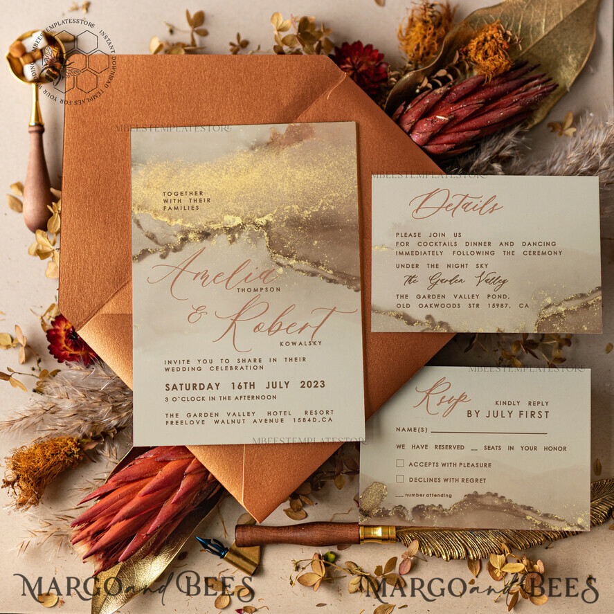 TEMPLETT wedding invitation download Modern Glam wedding Invitation Template, Instant Download Printable Invites Home Printing, Gold Boho Wedding Invitation Card Set terracotta