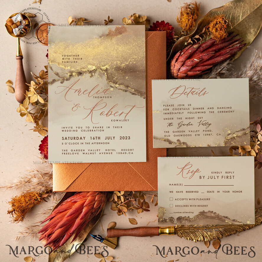 TEMPLETT wedding invitation download Modern Glam wedding Invitation Template, Instant Download Printable Invites Home Printing, Gold Boho Wedding Invitation Card Set terracotta
