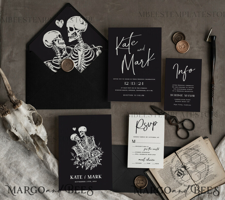 TEMPLETT wedding invitation download Black wedding invitation template, Instant download tarot Wedding Invites, Goth Wedding Invitation Printable Template, skeleton invites