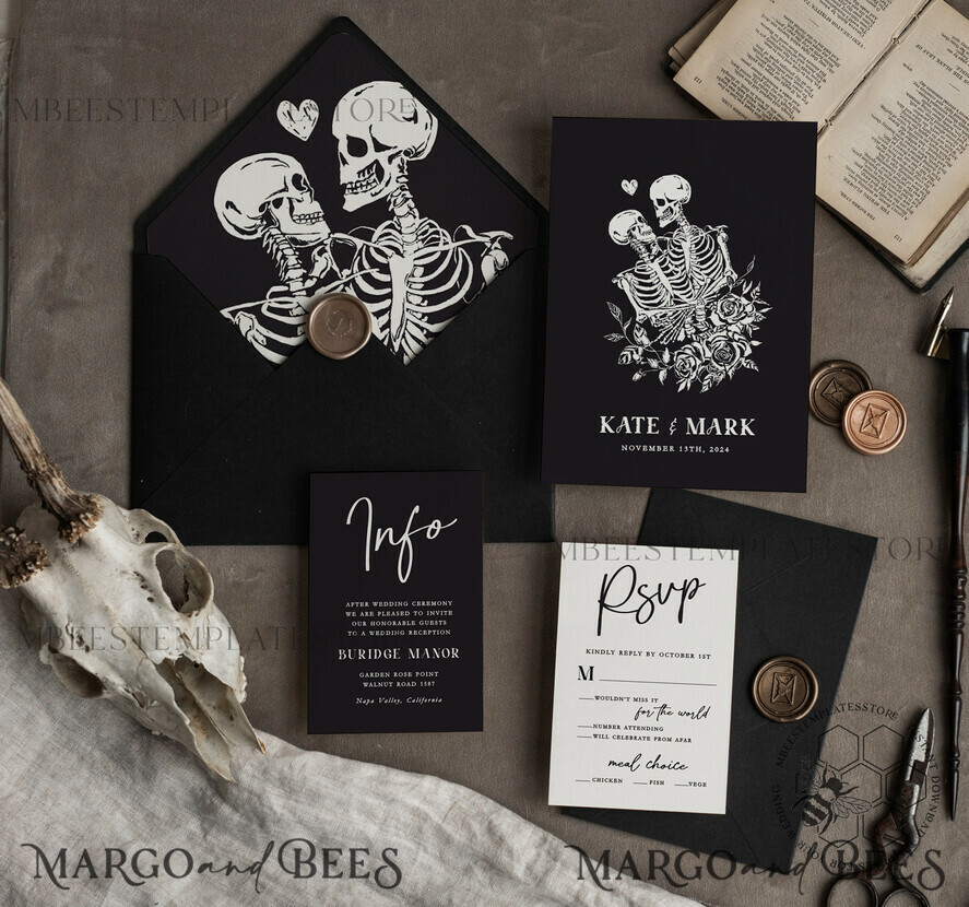 TEMPLETT wedding invitation download Black wedding invitation template, Instant download tarot Wedding Invites, Goth Wedding Invitation Printable Template, skeleton invites