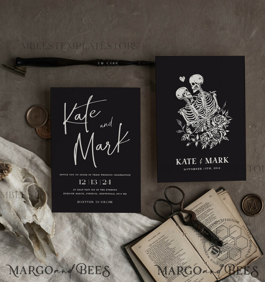 TEMPLETT wedding invitation download Black wedding invitation template, Instant download tarot Wedding Invites, Goth Wedding Invitation Printable Template, skeleton invites