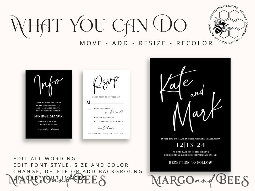 TEMPLETT wedding invitation download Black wedding invitation template, Instant download tarot Wedding Invites, Goth Wedding Invitation Printable Template, skeleton invites