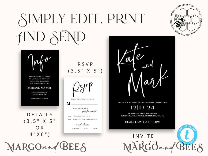 TEMPLETT wedding invitation download Black wedding invitation template, Instant download tarot Wedding Invites, Goth Wedding Invitation Printable Template, skeleton invites