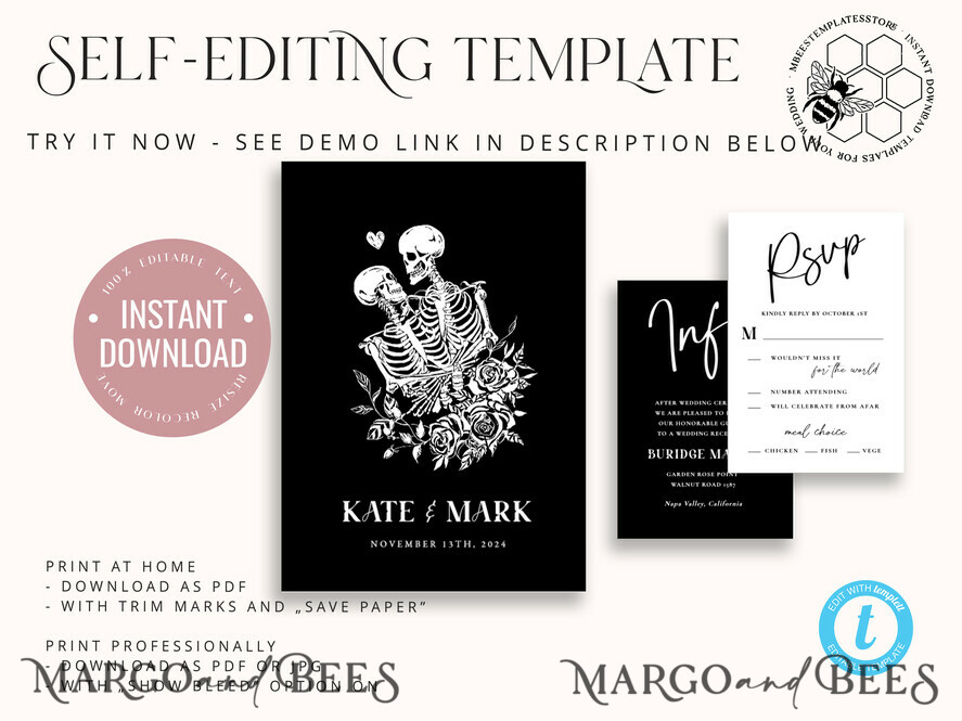 TEMPLETT wedding invitation download Black wedding invitation template, Instant download tarot Wedding Invites, Goth Wedding Invitation Printable Template, skeleton invites