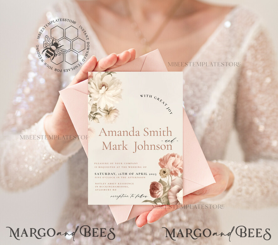 TEMPLETT wedding invitation download Boho Blush Pink Vintage Flowers wedding Invitations Set Template, Instant Download Printable Invites Home Printing, Simple Wedding Cards