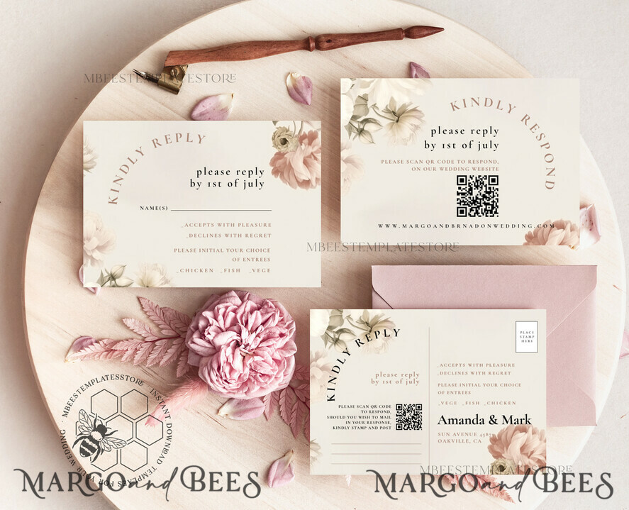 TEMPLETT wedding invitation download Boho Blush Pink Vintage Flowers wedding Invitations Set Template, Instant Download Printable Invites Home Printing, Simple Wedding Cards