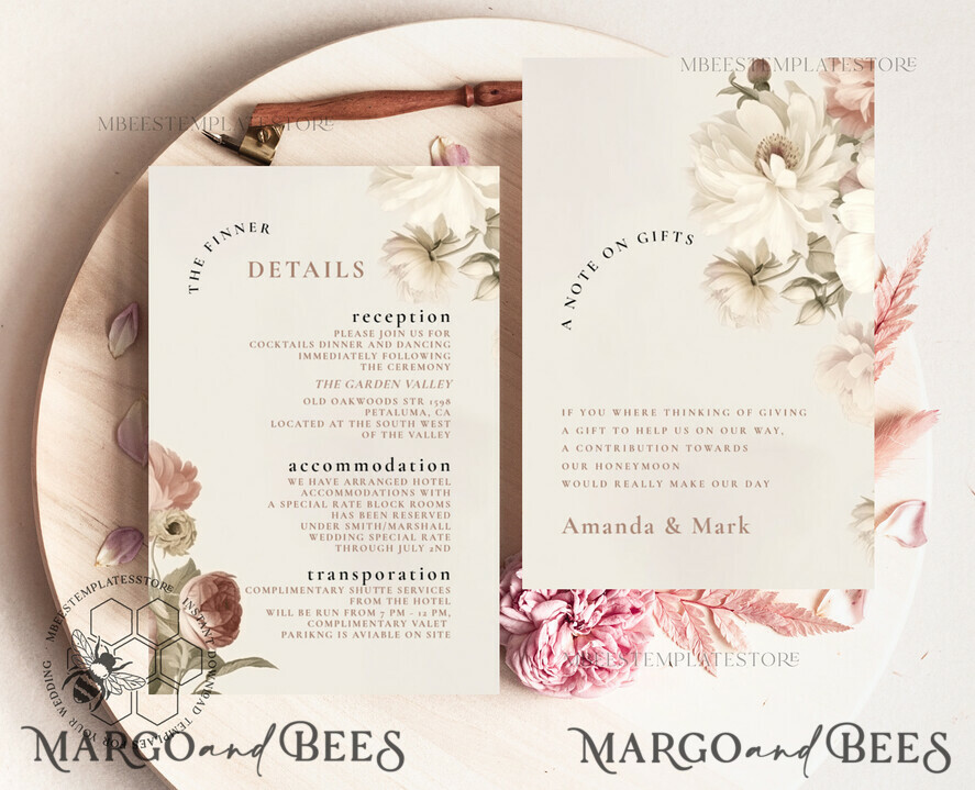 TEMPLETT wedding invitation download Boho Blush Pink Vintage Flowers wedding Invitations Set Template, Instant Download Printable Invites Home Printing, Simple Wedding Cards