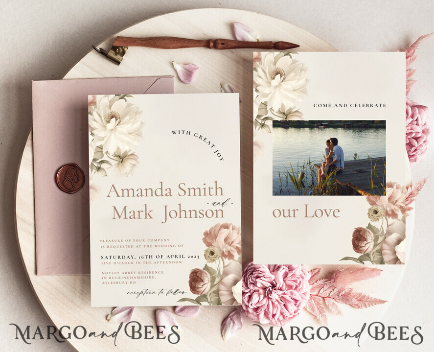 TEMPLETT wedding invitation download Boho Blush Pink Vintage Flowers wedding Invitations Set Template, Instant Download Printable Invites Home Printing, Simple Wedding Cards
