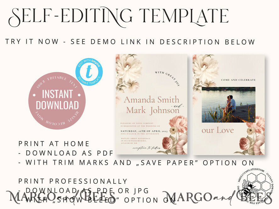 TEMPLETT wedding invitation download Boho Blush Pink Vintage Flowers wedding Invitations Set Template, Instant Download Printable Invites Home Printing, Simple Wedding Cards