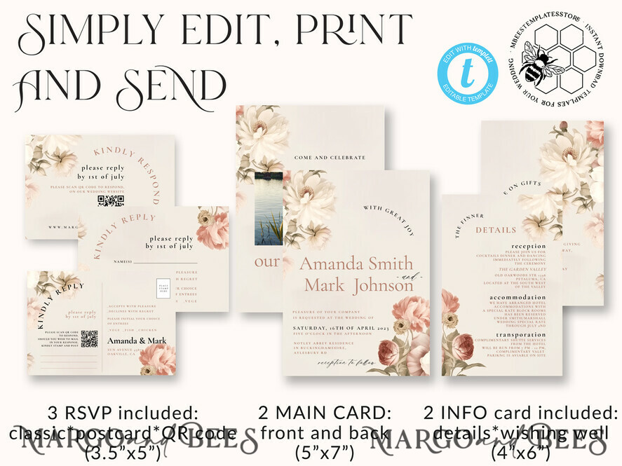 TEMPLETT wedding invitation download Boho Blush Pink Vintage Flowers wedding Invitations Set Template, Instant Download Printable Invites Home Printing, Simple Wedding Cards