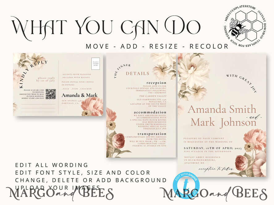 TEMPLETT wedding invitation download Boho Blush Pink Vintage Flowers wedding Invitations Set Template, Instant Download Printable Invites Home Printing, Simple Wedding Cards