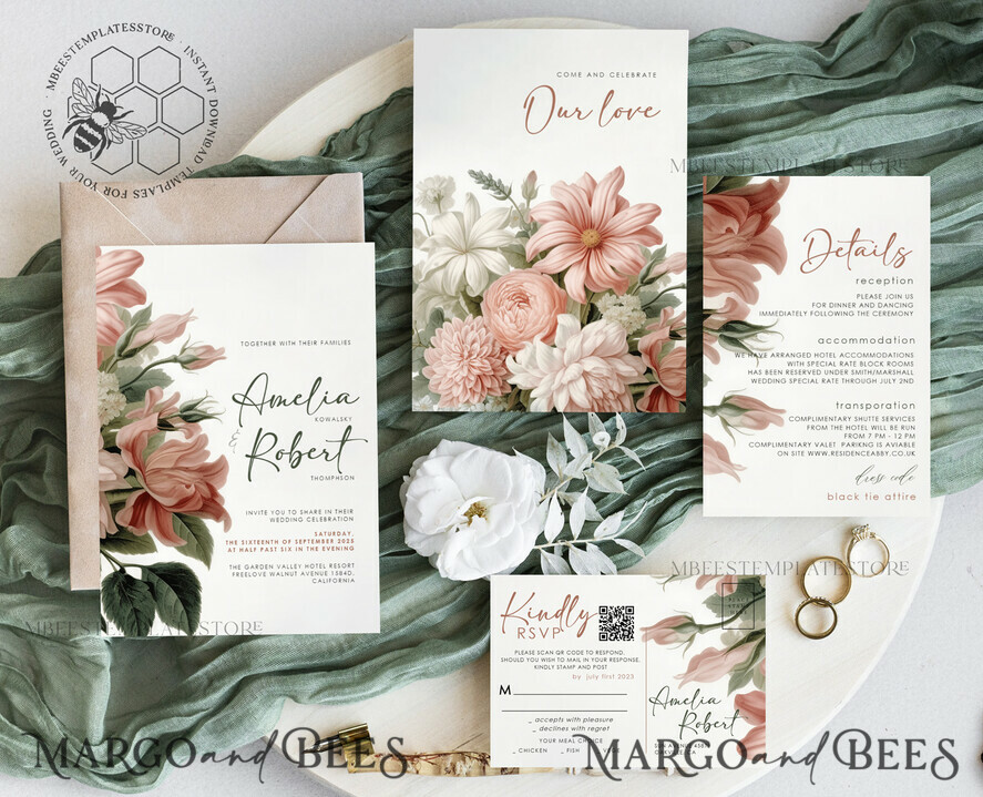 TEMPLETT wedding invitation download Botanical Vintage Flowers wedding Invitations Set Template, Instant Download Printable Invites Home Printing, Simple Wedding Cards