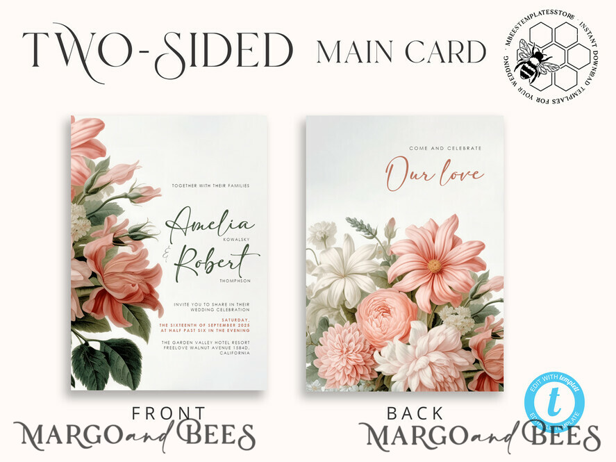 TEMPLETT wedding invitation download Botanical Vintage Flowers wedding Invitations Set Template, Instant Download Printable Invites Home Printing, Simple Wedding Cards