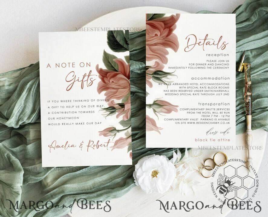 TEMPLETT wedding invitation download Botanical Vintage Flowers wedding Invitations Set Template, Instant Download Printable Invites Home Printing, Simple Wedding Cards