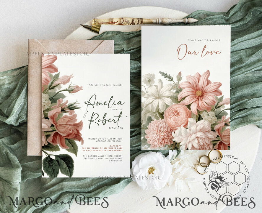 TEMPLETT wedding invitation download Botanical Vintage Flowers wedding Invitations Set Template, Instant Download Printable Invites Home Printing, Simple Wedding Cards