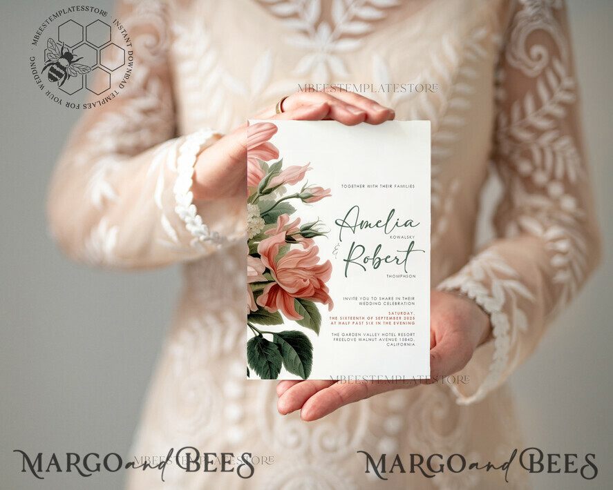 TEMPLETT wedding invitation download Botanical Vintage Flowers wedding Invitations Set Template, Instant Download Printable Invites Home Printing, Simple Wedding Cards